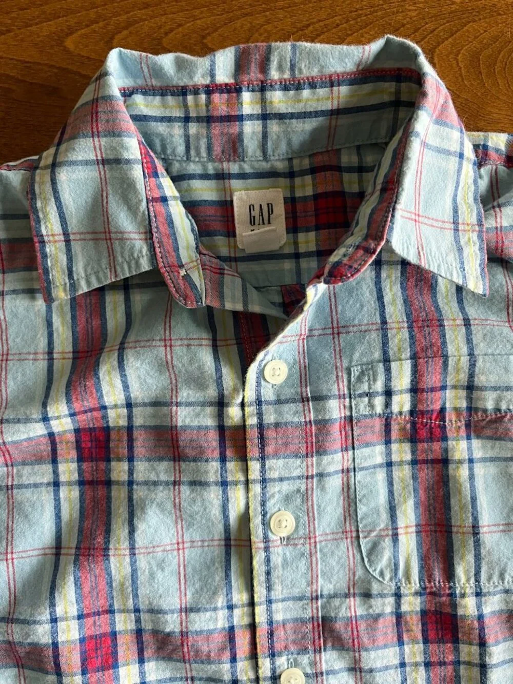Gap light blue and red plaid button-down shirt S 6-7